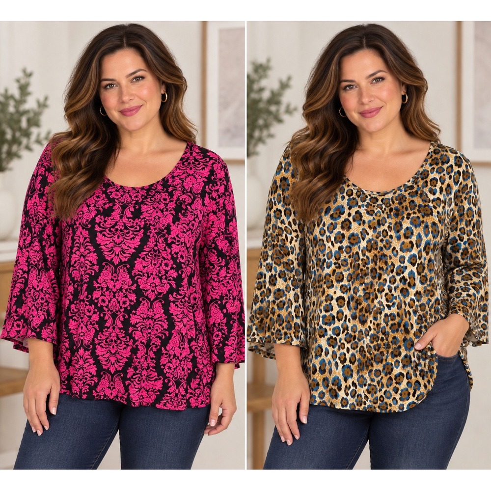 Susan Graver 2 Tunic Tops Womens 1X zHot Pink Damask Leopard Liquid Knit Autumn